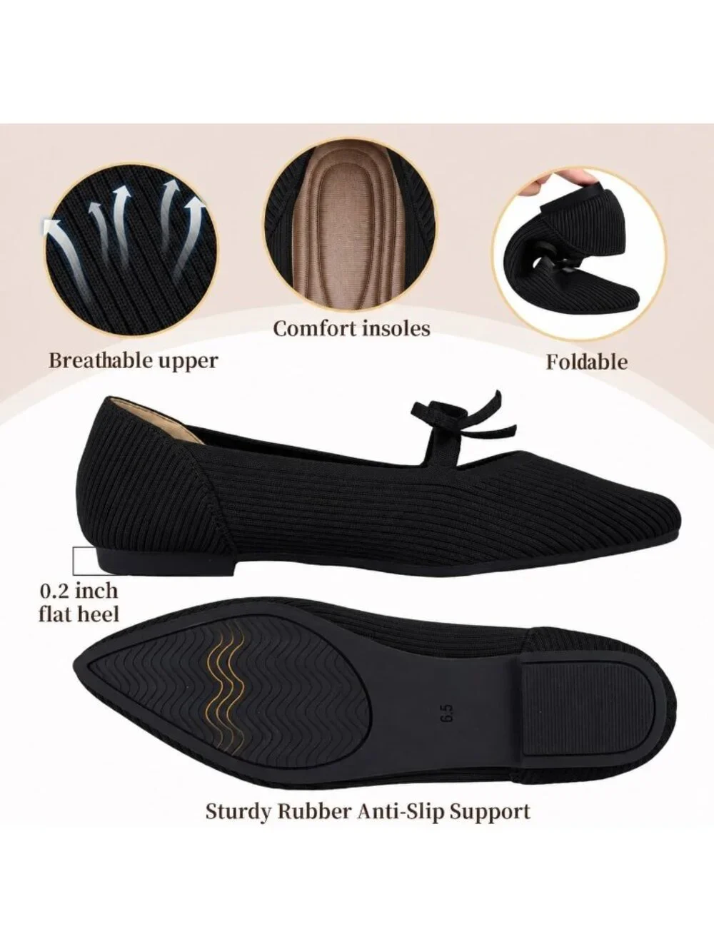 Women's Black Pointed Toe Flats Comfortable Knit Ballet Shoes Washable Dressy